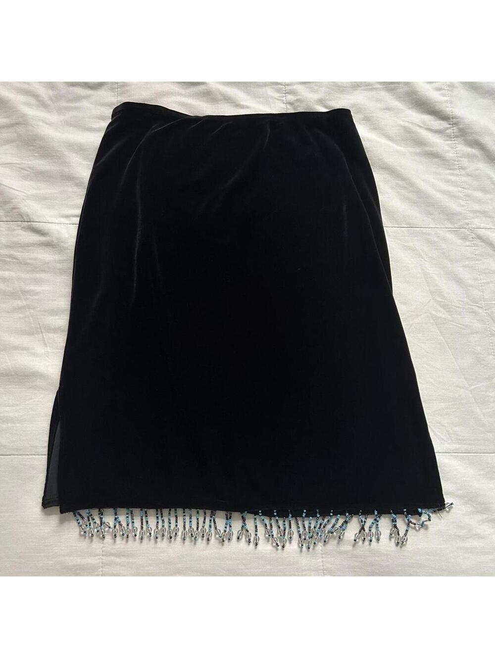 Y2K Paper Tag Vintage Black Velvet Beaded Fringe Skirt Size M